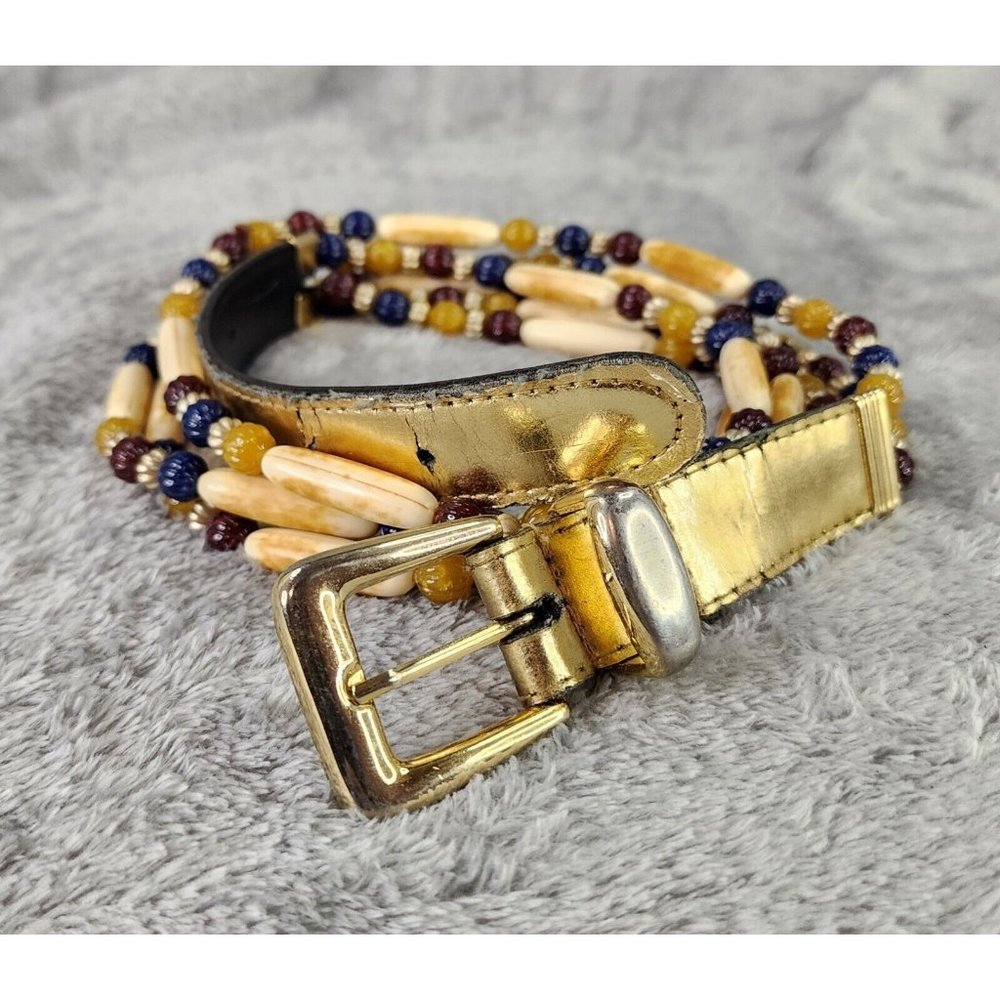 Womensβ Belt Gold Leather Beaded Distressed Worn Vintage Grannycore Boho Western